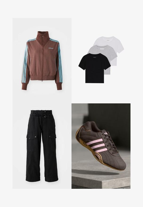 Hnědá zipová bunda s ribovanou strukturou, s tyrkysovými třemi pruhy na ramenech a rukávech a vyšitým logem.; Sada tří triček s krátkým rukávem v černé, šedé a bílé barvě. Vyrobena z bavlny, s kulatým výstřihem a jednoduchým jednobarevným designem.; Černé rozšířené cargo kalhoty s elastickým pasem, šňůrkou, bočními a zadními kapsami a knoflíkovými detaily. Vyrobené z lehkého materiálu.; Hnědé semišové sportovní boty s růžovými pruhy a logem, s texturovaným svrškem, šněrováním a gumovou podrážkou.