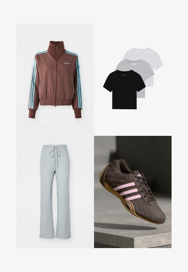 Pruun tõmblukk-jakk ribatud tekstuuriga, millel on türkiissinised kolmeribade aksessuaalid õlgadel ja varrukatel ning brodeeritud logo.; Kollektsioon kolm lühikese varrukaga T-särki mustas, hallis ja valges värvitoonis. Valmistatud puuvillast, ümmarguse kaelusega ja lihtsa, ühevärvilise disainiga.; Heledad hallid ribakudega dressipüksid, millel on nööriga talje, laienevad sääred ja pehme tekstuur. Disain sisaldab vertikaalseid triibusid kogu ulatuses.; Pruunist nahast sportlik king, millel on roosa triip ja logo, tekstureeritud ülemine osa, paeltesulgur ning kummist tallad.