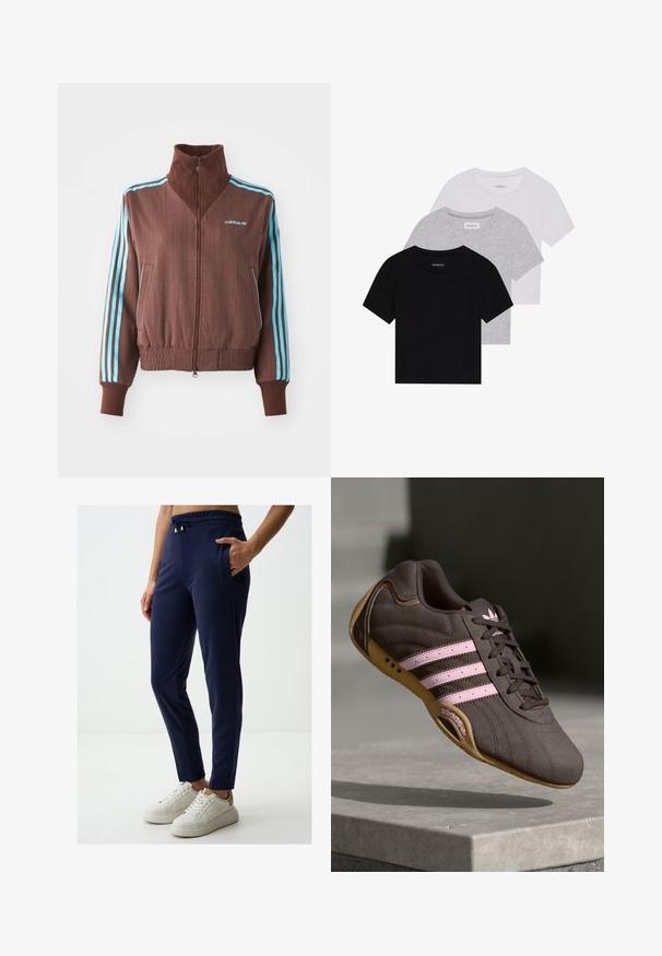 Bruine zip-up jas met een geribbelde textuur, voorzien van turquoise drie-strepen accenten op de schouders en mouwen, en een geborduurd logo.; Set van drie korte mouwen t-shirts in zwart, grijs en wit. Gemaakt van katoen, met een ronde hals en een eenvoudig, effen kleurontwerp.; Navyblauwe slim-fit broek van zachte stof, met een tailleband met trekkoord en gouden accenten, en zijzakken. Draagt witte sneakers.; Bruine suède sport schoen met roze strepen en logo, voorzien van een gestructureerde bovenkant, vetersluiting en een gumrubberen zool.