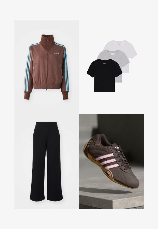 Brown zip-up jacket with a ribbed texture, featuring turquoise three-stripe accents on shoulders and sleeves, and an embroidered logo.; Set of three short-sleeve t-shirts in black, gray, and white. Made from cotton, featuring a crew neck and a simple, solid color design.; Black wide-leg trousers with a smooth texture, featuring a high waistband and side pockets, designed for a relaxed fit and easy movement.; Brown suede athletic shoe with pink stripes and logo, featuring a textured upper, lace closure, and a gum rubber sole.