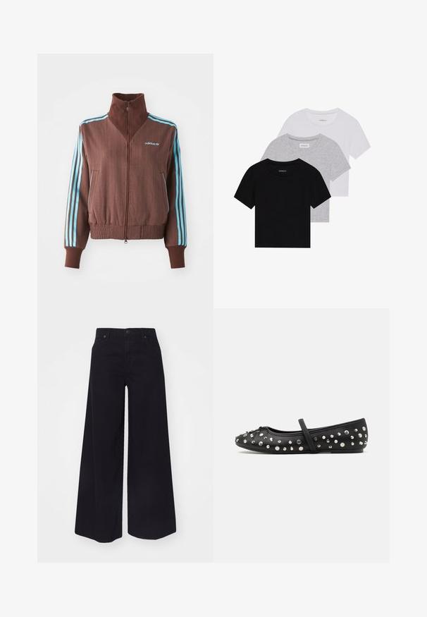 Brun zip-up jakke med ribbet tekstur, med turkise tre-stripe aksenter på skuldre og ermer, samt et brodert logo.; Sett med tre kortermede t-skjorter i svart, grått og hvitt. Laget av bomull, med rund hals og en enkel, ensfarget design.; Svart vide ben jeans laget av denim, med høy midje, frontlommer og knappelukking. Glatt tekstur uten mønstre eller detaljer.; Svart ballerinasko laget av lær, med dekorative sølvnitter. Inkluderer en stropp over vristen og et avrundet tådesign.