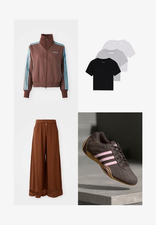 Braune Zip-Jacke mit strukturiertem Rippdesign, die türkise Akzente mit drei Streifen an den Schultern und Ärmeln aufweist, sowie ein gesticktes Logo.; Set aus drei kurzärmeligen T-Shirts in Schwarz, Grau und Weiß. Hergestellt aus Baumwolle, mit Rundhalsausschnitt und einem einfachen, einfarbigen Design.; Braune weit geschnittene Hosen aus strukturiertem Stoff, mit einem gerafften Bund und Spitzenverzierungen am Saum.; Braune Wildleder-Sportschuhe mit pinken Streifen und Logo, featuring eine strukturierte Oberseite, Schnürung und einer Sohle aus Gummi.