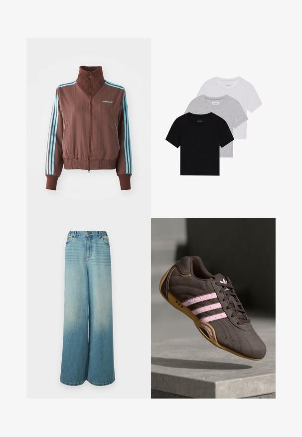 Casaco castanho com fecho éclair e textura canelada, apresentando detalhes em turquesa com três riscas nos ombros e mangas, além de um logótipo bordado.; Conjunto de três t-shirts de manga curta nas cores preto, cinza e branco. Feitas em algodão, com gola redonda e um design simples, em cores sólidas.; Jeans de perna larga, azul claro, com um efeito de desbotamento gradual, apresentando uma cintura alta, cinco bolsos e um fecho de botão à frente.; Sapatilha atlética de camurça castanha com riscas e logótipo rosa, apresentando um upper texturizado, fecho de atacadores e uma sola de borracha de goma.