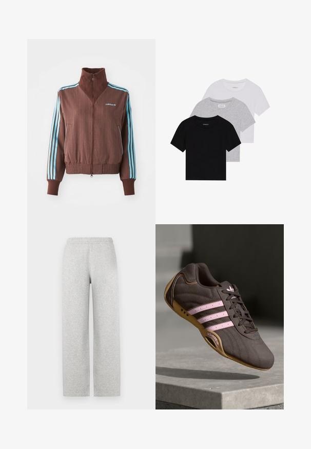Brun zip-up jacka med ribbad textur, som har turkosa tre-strimmiga detaljer på axlar och ärmar, samt en broderad logotyp.; Set med tre kortärmade t-shirts i svart, grått och vitt. Tillverkade av bomull, med rund hals och en enkel, enfärgad design.; Grå, mjukt tyg sweatpants med en avslappnad passform, elastisk midja och raka ben. Inga synliga fickor eller ytterligare dekorationer.; Bruna mocka sportskor med rosa ränder och logotyp, med en texturerad överdel, snörning och en sula av gummigummi.