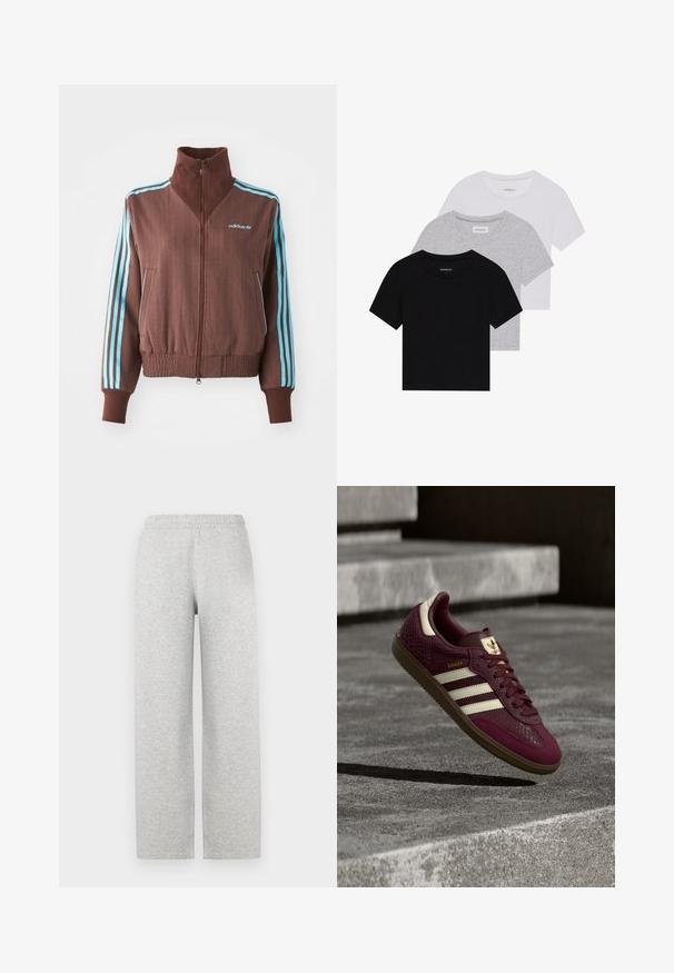 Brun zip-up jacka med ribbad textur, som har turkosa tre-strimmiga detaljer på axlar och ärmar, samt en broderad logotyp.; Set med tre kortärmade t-shirts i svart, grått och vitt. Tillverkade av bomull, med rund hals och en enkel, enfärgad design.; Grå, mjukt tyg sweatpants med en avslappnad passform, elastisk midja och raka ben. Inga synliga fickor eller ytterligare dekorationer.; Vinröd sneaker med texturerat läder, tre vita ränder och gulddetaljer. Gummisula, klassisk Samba-design och andningsbara meshdetaljer.