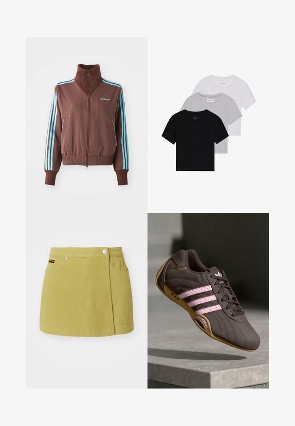 Casaco castanho com fecho éclair e textura canelada, apresentando detalhes em turquesa com três riscas nos ombros e mangas, além de um logótipo bordado.; Conjunto de três t-shirts de manga curta nas cores preto, cinza e branco. Feitas em algodão, com gola redonda e um design simples, em cores sólidas.; Saia de ganga verde com dois bolsos laterais, fecho de botão na frente e um corte reto. Apresenta um pequeno logótipo da marca na cintura.; Sapatilha atlética de camurça castanha com riscas e logótipo rosa, apresentando um upper texturizado, fecho de atacadores e uma sola de borracha de goma.