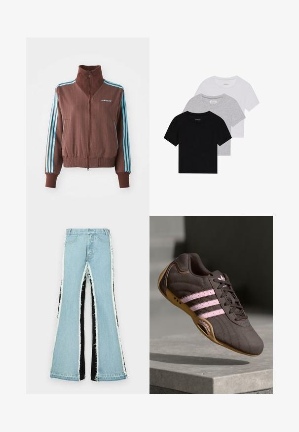 Brown zip-up jacket with a ribbed texture, featuring turquoise three-stripe accents on shoulders and sleeves, and an embroidered logo.; Set of three short-sleeve t-shirts in black, gray, and white. Made from cotton, featuring a crew neck and a simple, solid color design.; Light blue flared jeans with black side panels, frayed edges, and a high waist design. Features standard pockets and belt loops.; Brown suede athletic shoe with pink stripes and logo, featuring a textured upper, lace closure, and a gum rubber sole.