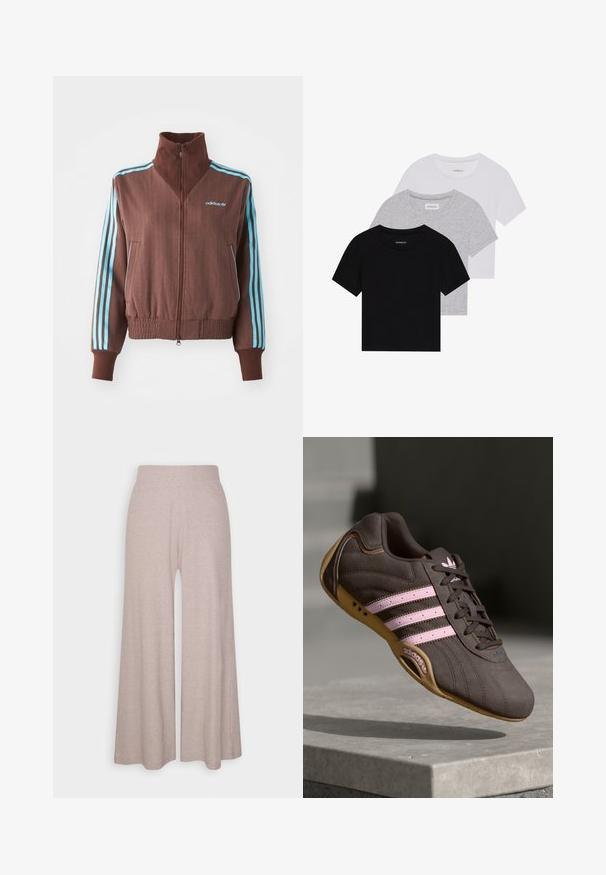 Hnedá zipsová bunda s rebrovanou textúrou, s tyrkysovými trojpruhovými akcentmi na pleciach a rukávoch, a vyšitým logom.; Sada troch tričiek s krátkym rukávom v čiernej, šedej a bielej farbe. Vyrobené z bavlny, s okrúhlym výstrihom a jednoduchým, jednofarebným dizajnom.; Svetlo šedé široké nohavice vyrobené z mäkkej ribovaného materiálu, s vysokým pásom a dlhými nohami s jemnou textúrou.; Hnedé semišové športové topánky s ružovými pruhmi a logom, s textúrovaným vrchom, šnurovaním a gumovou podrážkou.