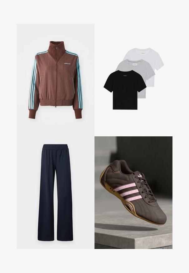 Ruskea vetoketjullinen takki, jossa on ribattu pinta, jossa on turkooseja kolmi-nauhoja olkapäillä ja hihoissa sekä brodeerattu logo.; Kolm lyhythihaista t-paitaa mustana, harmaana ja valkoisena. Valmistettu puuvillasta, jossa on pyöreä kaula-auko ja yksinkertainen, tasavärinen muotoilu.; Navy blue leveled pants, valmistettu sileästä kankaasta, jossa on joustava vyötärö ja täyspitkä muotoilu ilman lisäyksityiskohtia.; Ruskea mokkanahkainen urheilukenkä, jossa on vaaleanpunaiset raidat ja logo. Kengässä on teksturoitu päällinen, nauhakiinnitys ja kuminen pohja.