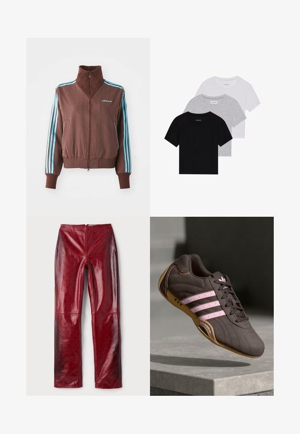 Barna cipzáras dzseki bordázott textúrával, türkiz színű háromcsíkos díszítéssel a vállakon és ujjakon, valamint hímzett logóval.; Három rövidujjú póló készlet fekete, szürke és fehér színben. Pamutból készült, kerek nyakú, egyszerű, egyszínű dizájnnal.; Piros műbőr nadrág fényes felülettel, diszkrét emboszált mintázattal, egyenes szárú kivitelezéssel és hátsó cipzáras záródással.; Barna velúr sportcipő rózsaszín csíkokkal és logóval, texturált felsőrésszel, fűzős záródással és gumi talppal.