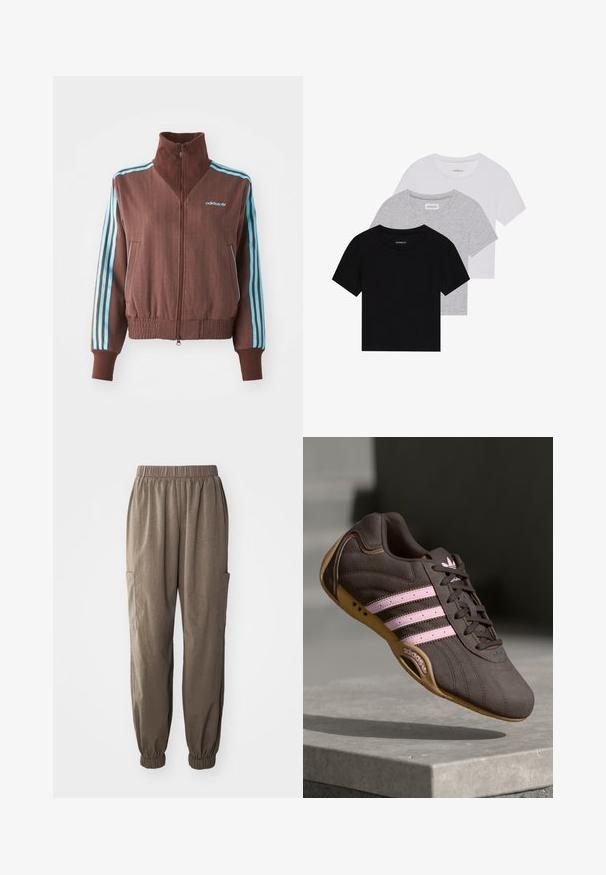 Casaco castanho com fecho éclair e textura canelada, apresentando detalhes em turquesa com três riscas nos ombros e mangas, além de um logótipo bordado.; Conjunto de três t-shirts de manga curta nas cores preto, cinza e branco. Feitas em algodão, com gola redonda e um design simples, em cores sólidas.; Calças cargo largas em tecido castanho, com uma cintura elástica, punhos pregueados e bolsos laterais para funcionalidade.; Sapatilha atlética de camurça castanha com riscas e logótipo rosa, apresentando um upper texturizado, fecho de atacadores e uma sola de borracha de goma.