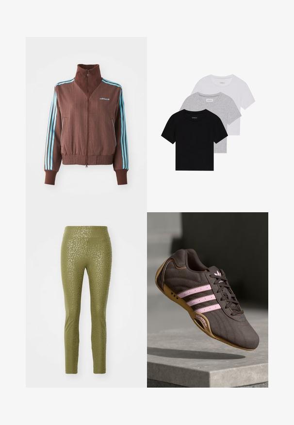 Brown zip-up jacket with a ribbed texture, featuring turquoise three-stripe accents on shoulders and sleeves, and an embroidered logo.; Set of three short-sleeve t-shirts in black, gray, and white. Made from cotton, featuring a crew neck and a simple, solid color design.; Olive-green leggings featuring a subtle leopard print pattern, made from a stretchy material with a smooth texture and fitted design.; Brown suede athletic shoe with pink stripes and logo, featuring a textured upper, lace closure, and a gum rubber sole.
