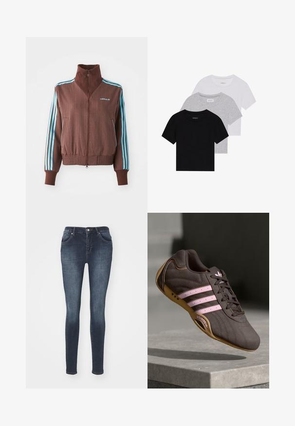 Ruda zip-up striukė su gumine tekstūra, turinti turkio spalvos tris juosteles ant pečių ir rankovių bei siuvinėtą logotipą.; Trijų trumpomis rankovėmis marškinėlių rinkinys juodos, pilkos ir baltos spalvos. Pagaminti iš medvilnės, turi apvalų iškirpimą ir paprastą, vientisos spalvos dizainą.; Tamsiai mėlynos liesos džinsinės kelnės su priekinėmis kišenėmis, užtrauktuku ir sidabriniu mygtuko užsegimu. Turima subtilių raukšlių ir šviesėjimo efektų.; Rudos suedinės sportinės bateliai su rožinėmis juostelėmis ir logotipu, turintys tekstūruotą viršutinę dalį, raištelių uždarymą ir guminį padą.