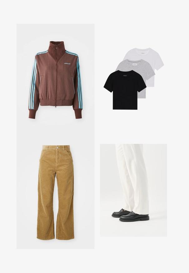 Jachetă maro cu fermoar, cu o textură nervurată, având accente turquoise cu trei dungi pe umeri și mâneci, și un logo brodat.; Set de trei tricouri cu mâneci scurte, în negru, gri și alb. Fabricate din bumbac, cu guler rotund și un design simplu, de culoare uniformă.; Pantaloni largi din velur în culoare maro deschis, având un model texturat cu nervuri, cinci buzunare și un sistem de închidere cu nasture la talie.; Mocasini din piele neagră cu o textură netedă, detalii cusute și vârf rotunjit, asortați cu pantaloni albi, croiți.