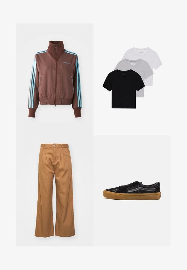 Ruskea vetoketjullinen takki, jossa on ribattu pinta, jossa on turkooseja kolmi-nauhoja olkapäillä ja hihoissa sekä brodeerattu logo.; Kolm lyhythihaista t-paitaa mustana, harmaana ja valkoisena. Valmistettu puuvillasta, jossa on pyöreä kaula-auko ja yksinkertainen, tasavärinen muotoilu.; Vaaleanruskeat leveälahkeiset housut, joissa on teksturoitu kangas, etupliitit ja yksi nappikiinnitys vyötäröllä.; Musta samettipintainen lenkkitossut, joissa on valkoiset ompeleet ja signatuurisivuviiva, tanvärinen kumipohja ja matalaprofiilinen muoto. Mustat nauhat.