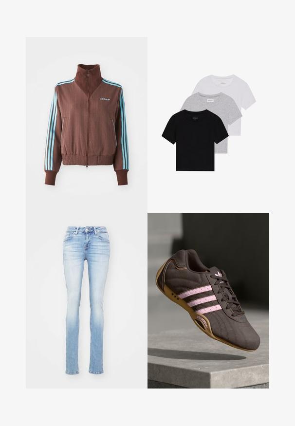 Barna cipzáras dzseki bordázott textúrával, türkiz színű háromcsíkos díszítéssel a vállakon és ujjakon, valamint hímzett logóval.; Három rövidujjú póló készlet fekete, szürke és fehér színben. Pamutból készült, kerek nyakú, egyszerű, egyszínű dizájnnal.; Világoskék, skinny szabású farmernadrág, közepes magasságú derékkal, öt zsebbel és enyhe fakulással a combokon és a térdeken.; Barna velúr sportcipő rózsaszín csíkokkal és logóval, texturált felsőrésszel, fűzős záródással és gumi talppal.