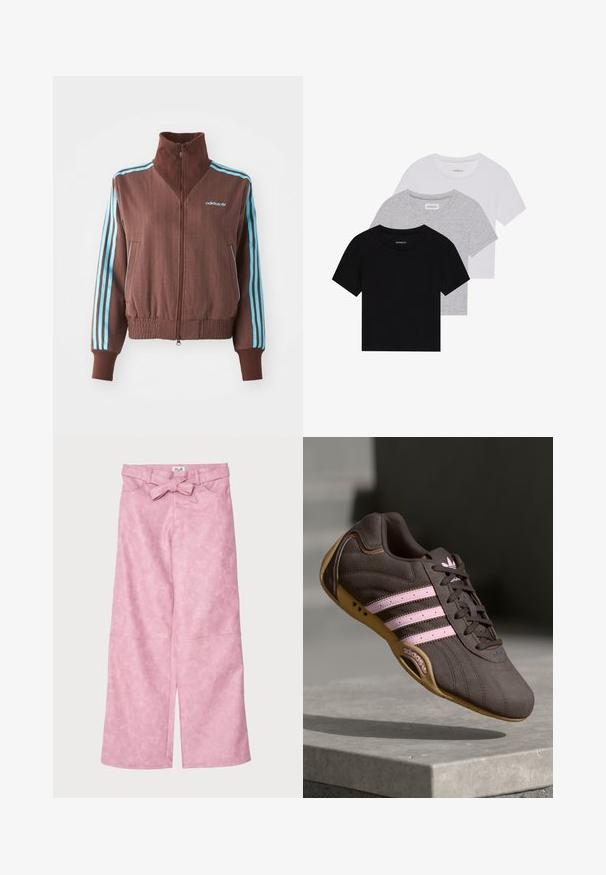 Brown zip-up jacket with a ribbed texture, featuring turquoise three-stripe accents on shoulders and sleeves, and an embroidered logo.; Set of three short-sleeve t-shirts in black, gray, and white. Made from cotton, featuring a crew neck and a simple, solid color design.; Pink, wide-leg trousers with a smooth, textured finish. Features a belted waist and front slits at the hem.; Brown suede athletic shoe with pink stripes and logo, featuring a textured upper, lace closure, and a gum rubber sole.