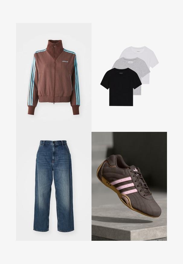Chaqueta marrón con cremallera y textura acanalada, que presenta acentos de tres rayas turquesa en los hombros y las mangas, y un logotipo bordado.; Conjunto de tres camisetas de manga corta en negro, gris y blanco. Están hechas de algodón, cuentan con cuello redondo y un diseño simple de un solo color.; Vaqueros de denim azul de pierna ancha con cintura alta, que presentan un cierre de botón, presillas para cinturón y un desgastado en los muslos. Aberturas de pierna recta.; Zapatilla deportiva de ante marrón con rayas y logotipo en rosa, con parte superior texturizada, cierre de cordones y suela de goma.