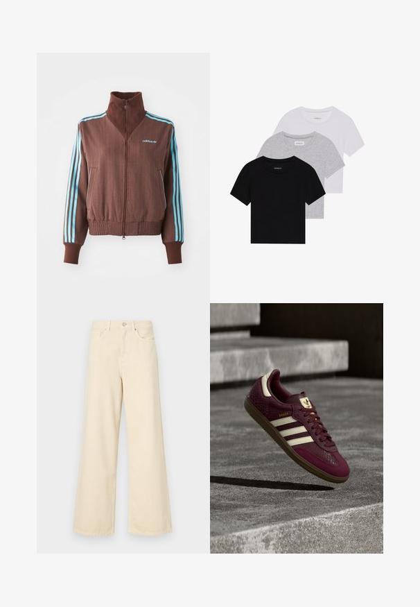 Veste zippée marron avec une texture côtelée, présentant des accents turquoise à trois rayures sur les épaules et les manches, ainsi qu'un logo brodé.; Ensemble de trois t-shirts à manches courtes en noir, gris et blanc. Fabriqués en coton, avec un col rond et un design simple de couleur unie.; Jean large beige en coton. Doté d'une fermeture à bouton, de passants de ceinture et de poches avant avec une texture douce et lisse.; Baskets bordeaux en cuir texturé, avec trois bandes blanches et des accents dorés. Semelle en caoutchouc, design classique Samba, et détails en mesh respirant.