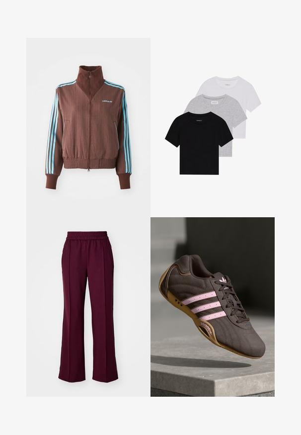 Barna cipzáras dzseki bordázott textúrával, türkiz színű háromcsíkos díszítéssel a vállakon és ujjakon, valamint hímzett logóval.; Három rövidujjú póló készlet fekete, szürke és fehér színben. Pamutból készült, kerek nyakú, egyszerű, egyszínű dizájnnal.; Bordó, bő szárú nadrág rugalmas derékkal, oldalsó zsebekkel és kontrasztos fekete oldalsávokkal. Sima anyag, enyhe fényességgel.; Barna velúr sportcipő rózsaszín csíkokkal és logóval, texturált felsőrésszel, fűzős záródással és gumi talppal.
