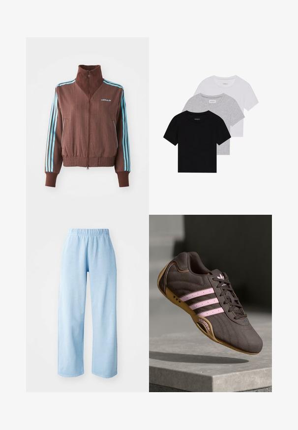 Brązowa kurtka zapinana na zamek z ryflowaną teksturą, z turkusowymi trójpaskowymi akcentami na ramionach i rękawach oraz haftowanym logo.; Zestaw trzech koszulek z krótkim rękawem w kolorze czarnym, szarym i białym. Wykonane z bawełny, z okrągłym dekoltem i prostym, jednolitym wzorem.; Jasnoniebieskie spodnie o szerokich nogawkach z elastycznym pasem. Wykonane z miękkiego materiału, charakteryzujące się gładką teksturą i brakiem widocznych wzorów lub akcentów.; Brązowy zamszowy but sportowy z różowymi paskami i logo, z teksturowaną cholewką, sznurowaniem i gumową podeszwą.