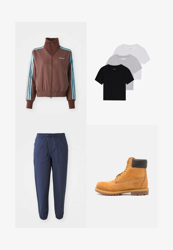 Casaco castanho com fecho éclair e textura canelada, apresentando detalhes em turquesa com três riscas nos ombros e mangas, além de um logótipo bordado.; Conjunto de três t-shirts de manga curta nas cores preto, cinza e branco. Feitas em algodão, com gola redonda e um design simples, em cores sólidas.; Calças de jogger azul-marinho feitas de tecido leve, com cintura elástica, cordão e dois bolsos frontais. Punhos elásticos nos tornozelos.; Bota de tornozelo de couro castanho com acolchoamento preto, ilhós dourados e uma sola texturizada. Apresenta um logótipo circular na lateral e detalhes de costura.