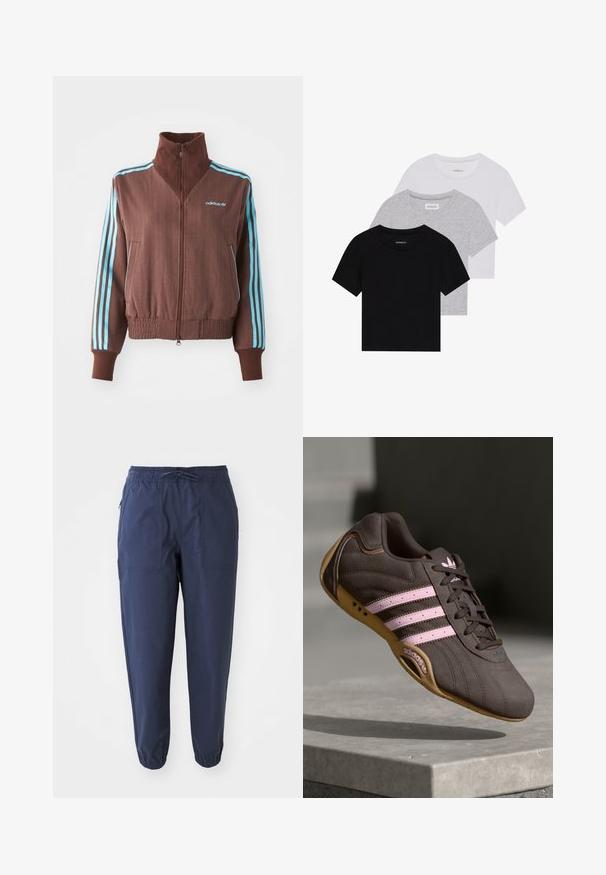 Bruine zip-up jas met een geribbelde textuur, voorzien van turquoise drie-strepen accenten op de schouders en mouwen, en een geborduurd logo.; Set van drie korte mouwen t-shirts in zwart, grijs en wit. Gemaakt van katoen, met een ronde hals en een eenvoudig, effen kleurontwerp.; Navyblauwe joggingsbroek gemaakt van lichtgewicht stof, met een elastische tailleband, trekkoord en twee voorzakken. Elastische boorden bij de enkels.; Bruine suède sport schoen met roze strepen en logo, voorzien van een gestructureerde bovenkant, vetersluiting en een gumrubberen zool.