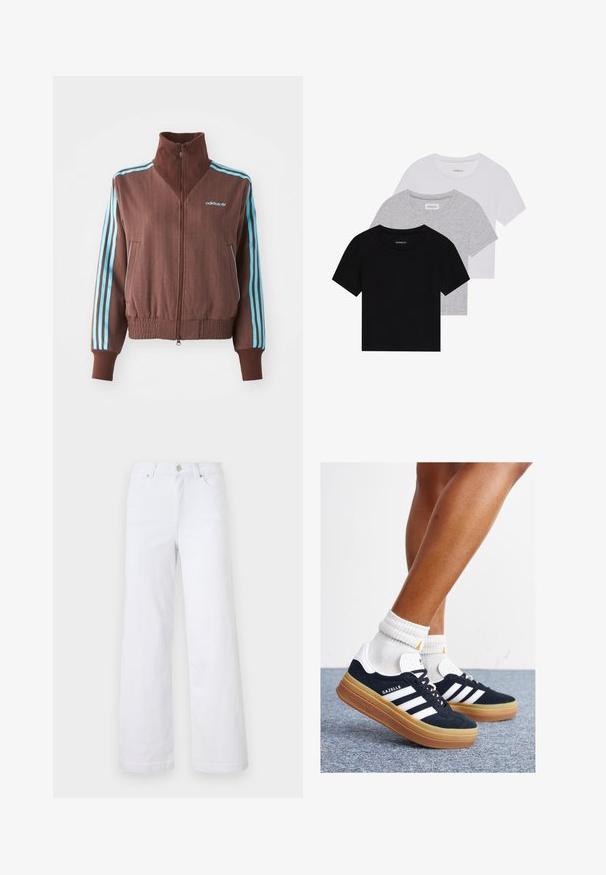 Pruun tõmblukk-jakk ribatud tekstuuriga, millel on türkiissinised kolmeribade aksessuaalid õlgadel ja varrukatel ning brodeeritud logo.; Kollektsioon kolm lühikese varrukaga T-särki mustas, hallis ja valges värvitoonis. Valmistatud puuvillast, ümmarguse kaelusega ja lihtsa, ühevärvilise disainiga.; Valged teksased laiad jalad on varustatud tõmbluku ja nupukinnitusega, kahe eesmine taskuga ning puhta disainiga ilma kaunistusteta.; Mustad seemisnahast tossud valgete triipude ja detailidega, ümarate varbassosadega, kummist välistallaga, paaritatud valgete soonikuliste meessokkidega.