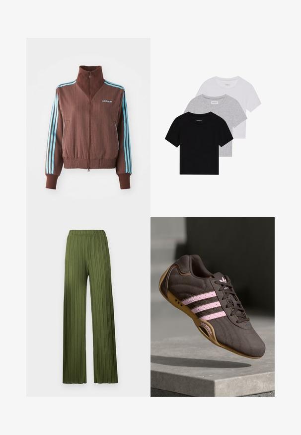 Pruun tõmblukk-jakk ribatud tekstuuriga, millel on türkiissinised kolmeribade aksessuaalid õlgadel ja varrukatel ning brodeeritud logo.; Kollektsioon kolm lühikese varrukaga T-särki mustas, hallis ja valges värvitoonis. Valmistatud puuvillast, ümmarguse kaelusega ja lihtsa, ühevärvilise disainiga.; Rohelised, volditud laiad püksid elastse vöökohtaga. Tekstuuritud kangas koosneb vertikaalsetest triipudest, mis loovad voolava välimuse.; Pruunist nahast sportlik king, millel on roosa triip ja logo, tekstureeritud ülemine osa, paeltesulgur ning kummist tallad.