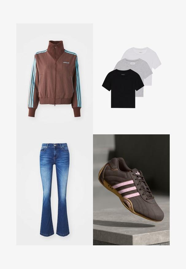 Jachetă maro cu fermoar, cu o textură nervurată, având accente turquoise cu trei dungi pe umeri și mâneci, și un logo brodat.; Set de trei tricouri cu mâneci scurte, în negru, gri și alb. Fabricate din bumbac, cu guler rotund și un design simplu, de culoare uniformă.; Jeanși din denim albastru evazați cu un gradient de la deschis la închis. Caracteristici: buzunare frontale, fermoar și închidere cu un buton metalic.; Pantofii sport din nubuc maro cu dungi și logo roz, având un material superior texturat, închidere cu șireturi și o talpă din cauciuc gumos.