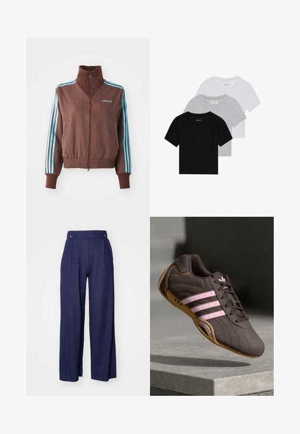 Barna cipzáras dzseki bordázott textúrával, türkiz színű háromcsíkos díszítéssel a vállakon és ujjakon, valamint hímzett logóval.; Három rövidujjú póló készlet fekete, szürke és fehér színben. Pamutból készült, kerek nyakú, egyszerű, egyszínű dizájnnal.; Tengerészkék bővített nadrág puha anyagból, plisszált részletekkel és két elülső gombbal a deréknál a plusz részletekért.; Barna velúr sportcipő rózsaszín csíkokkal és logóval, texturált felsőrésszel, fűzős záródással és gumi talppal.