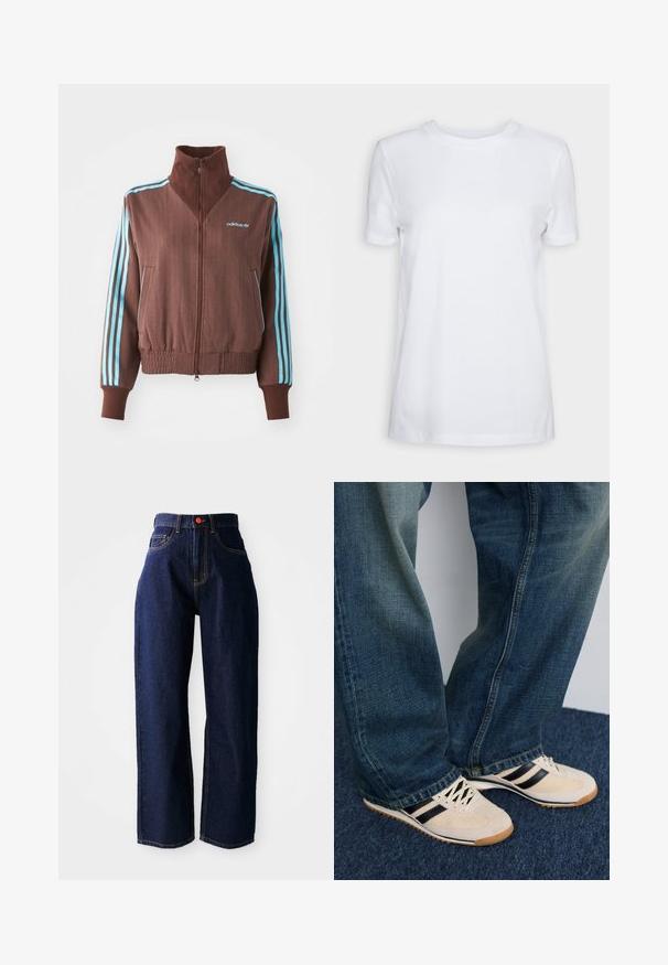 Casaco castanho com fecho éclair e textura canelada, apresentando detalhes em turquesa com três riscas nos ombros e mangas, além de um logótipo bordado.; T-shirt branca de manga curta feita de algodão. Design de gola redonda com uma textura suave e sem padrões ou detalhes visíveis. Estilo básico.; Calças de ganga de denim azul escuro com cintura alta, design de perna reta, costura visível e um botão vermelho em destaque na cintura.; Sapatos de ténis creme com riscas pretas e painéis de rede, combinados com jeans de denim azul com um acabamento desbotado e bainha desfiada.