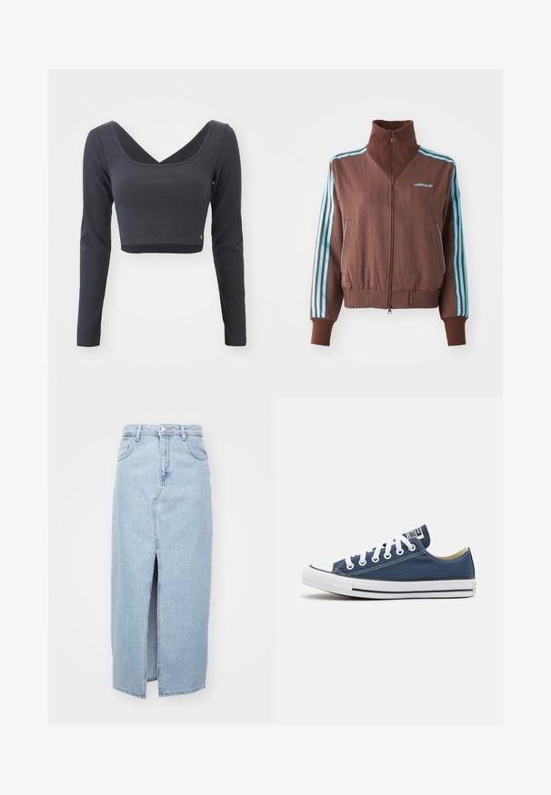 Jachetă maro cu fermoar, cu o textură nervurată, având accente turquoise cu trei dungi pe umeri și mâneci, și un logo brodat.; Top scurt cu mânecă lungă dintr-un material ribbed de culoare gri închis. Prezintă un decolteu adânc în formă de V și o culoare solidă, cu un mic logo la margine.; Fustă din denim de culoare albastru deschis, cu o fanta frontală, bucle pentru curea și un design clasic cu cinci buzunare. Textură netedă cu un finisaj curat.; Adidași din pânză de culoare albastru marin cu ochiuri și șireturi albe, având o vârf din cauciuc alb și o bandă neagră pe talpă.