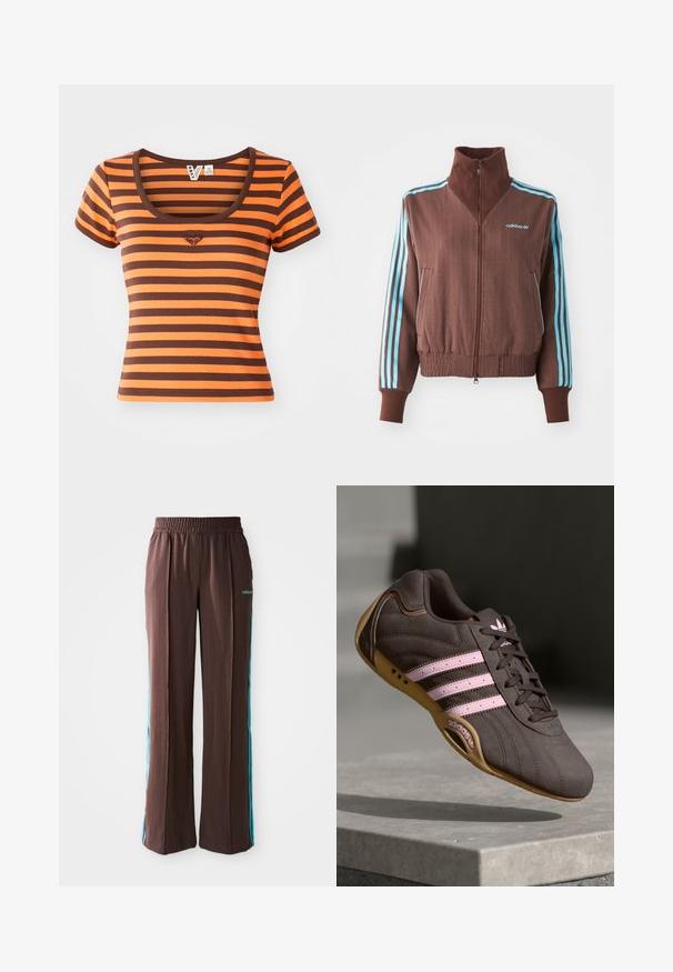 Pruun tõmblukk-jakk ribatud tekstuuriga, millel on türkiissinised kolmeribade aksessuaalid õlgadel ja varrukatel ning brodeeritud logo.; Ribadega jaotustega oranžide ja pruunide toonidega t-särk, valmistatud ribakudumist. Omab ümmargust kaelust ja lühikesi varrukaid, rinnal on südamelogo.; Pruunid spordipüksid, millel on soonikkoes, elastne vöökoht ja türkiissinised külje triibud. Esiosas on adidas logo.; Pruunist nahast sportlik king, millel on roosa triip ja logo, tekstureeritud ülemine osa, paeltesulgur ning kummist tallad.