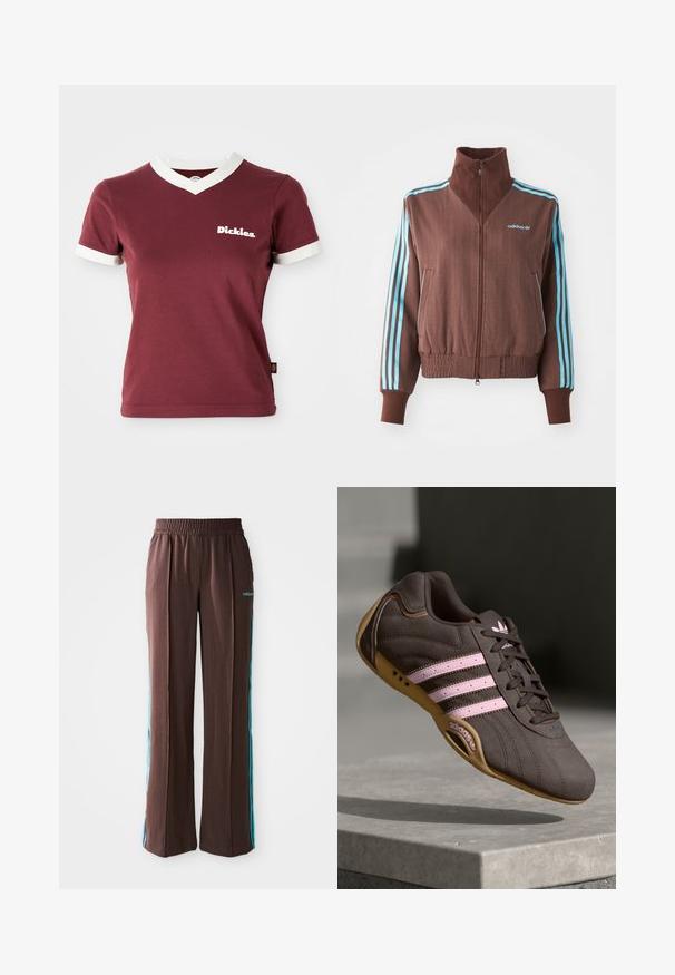 Ruda zip-up striukė su gumine tekstūra, turinti turkio spalvos tris juosteles ant pečių ir rankovių bei siuvinėtą logotipą.; Bordo V formos marškinėliai su balta gipiūro apykakle ir rankovių kraštais. Kairėje krūtinės pusėje yra balta "Dickies" logo. Pagaminti iš medvilnės, prigludusio silueto.; Rudos sportiniai kelniukai su raukšlėtu paviršiumi, elastinga juosta ir turkio spalvos šoninėmis juostelėmis. Priekyje yra adidas logotipas.; Rudos suedinės sportinės bateliai su rožinėmis juostelėmis ir logotipu, turintys tekstūruotą viršutinę dalį, raištelių uždarymą ir guminį padą.