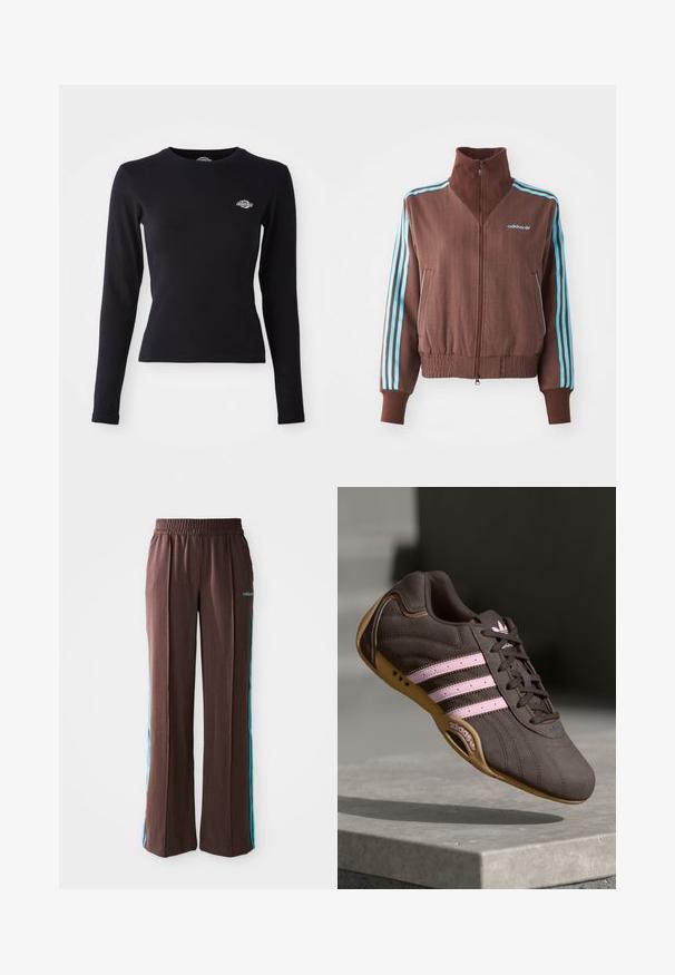 Pruun tõmblukk-jakk ribatud tekstuuriga, millel on türkiissinised kolmeribade aksessuaalid õlgadel ja varrukatel ning brodeeritud logo.; Must supelpikkade varrukatega must topp, mis on valmistatud kergete puuvillast, ümarate kaelustega ja vasakul rinnal väikese tikandiga logoga.; Pruunid spordipüksid, millel on soonikkoes, elastne vöökoht ja türkiissinised külje triibud. Esiosas on adidas logo.; Pruunist nahast sportlik king, millel on roosa triip ja logo, tekstureeritud ülemine osa, paeltesulgur ning kummist tallad.