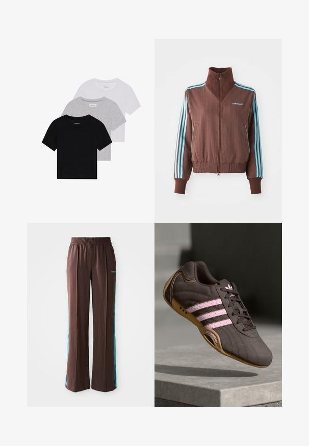 Pruun tõmblukk-jakk ribatud tekstuuriga, millel on türkiissinised kolmeribade aksessuaalid õlgadel ja varrukatel ning brodeeritud logo.; Kollektsioon kolm lühikese varrukaga T-särki mustas, hallis ja valges värvitoonis. Valmistatud puuvillast, ümmarguse kaelusega ja lihtsa, ühevärvilise disainiga.; Pruunid spordipüksid, millel on soonikkoes, elastne vöökoht ja türkiissinised külje triibud. Esiosas on adidas logo.; Pruunist nahast sportlik king, millel on roosa triip ja logo, tekstureeritud ülemine osa, paeltesulgur ning kummist tallad.