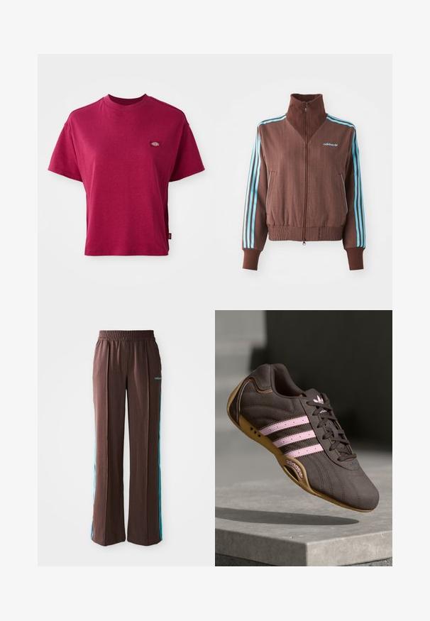 Brun zip-up jakke med ribbet tekstur, med turkise tre-stripe aksenter på skuldre og ermer, samt et brodert logo.; Smal passform mørkerød t-skjorte med korte ermer og rund hals, samt et lite flerfarget merkeplaster på venstre bryst.; Brune sporty bukser med ribbet tekstur, elastisk talje og turkise side striber. Har adidas-logoet på forsiden.; Brune suede atletik sko med rosa striper og logo, med en teksturert overdel, snøring og såle i gummigummi.