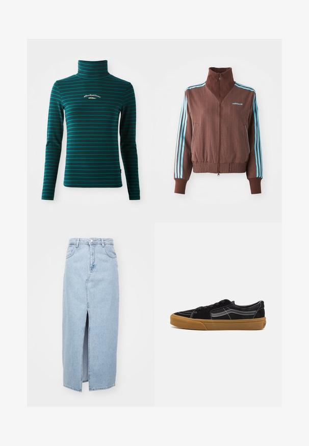 Brown zip-up jacket with a ribbed texture, featuring turquoise three-stripe accents on shoulders and sleeves, and an embroidered logo.; Long-sleeve turtleneck top in teal with dark blue horizontal stripes. Features a small white and gold logo on the chest. Soft, stretchy fabric.; Light blue denim skirt featuring a front slit, belt loops, and classic five-pocket design. Smooth texture with a clean finish.; Black suede sneakers with white stitching and signature side stripe, featuring a tan rubber sole and low-top design. Laced with black shoelaces.