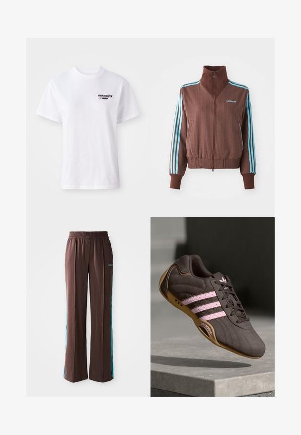 Brown zip-up jacket with a ribbed texture, featuring turquoise three-stripe accents on shoulders and sleeves, and an embroidered logo.; White short-sleeve crewneck t-shirt with small black and purple Carhartt WIP logo on the left chest.; Brown athletic pants with a ribbed texture, elastic waistband, and turquoise side stripes. Features the adidas logo on the front.; Brown suede athletic shoe with pink stripes and logo, featuring a textured upper, lace closure, and a gum rubber sole.