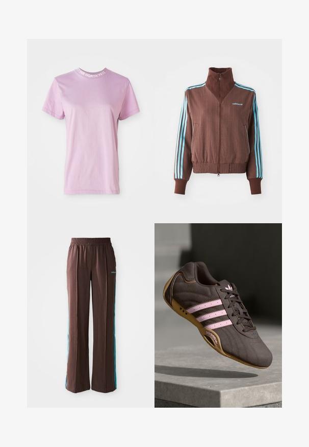 Brązowa kurtka zapinana na zamek z ryflowaną teksturą, z turkusowymi trójpaskowymi akcentami na ramionach i rękawach oraz haftowanym logo.; Jasnoróżowa koszulka z krótkim rękawem, okrągłym dekoltem, z białym napisem "THE NORTH FACE" na kołnierzyku. Wykonana z miękkiej bawełny.; Brązowe spodnie sportowe o ribbowanej fakturze, z elastycznym pasem i turkusowymi paskami po bokach. Posiadają logo adidas z przodu.; Brązowy zamszowy but sportowy z różowymi paskami i logo, z teksturowaną cholewką, sznurowaniem i gumową podeszwą.