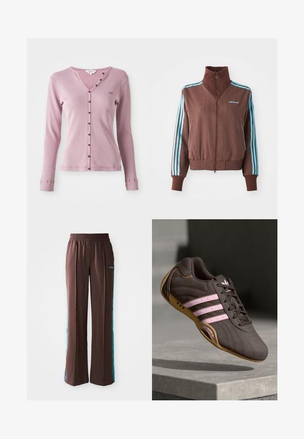 Brown zip-up jacket with a ribbed texture, featuring turquoise three-stripe accents on shoulders and sleeves, and an embroidered logo.; Pink ribbed long-sleeve cardigan with a v-neck, featuring brown buttons down the front and a small logo on the left chest.; Brown athletic pants with a ribbed texture, elastic waistband, and turquoise side stripes. Features the adidas logo on the front.; Brown suede athletic shoe with pink stripes and logo, featuring a textured upper, lace closure, and a gum rubber sole.