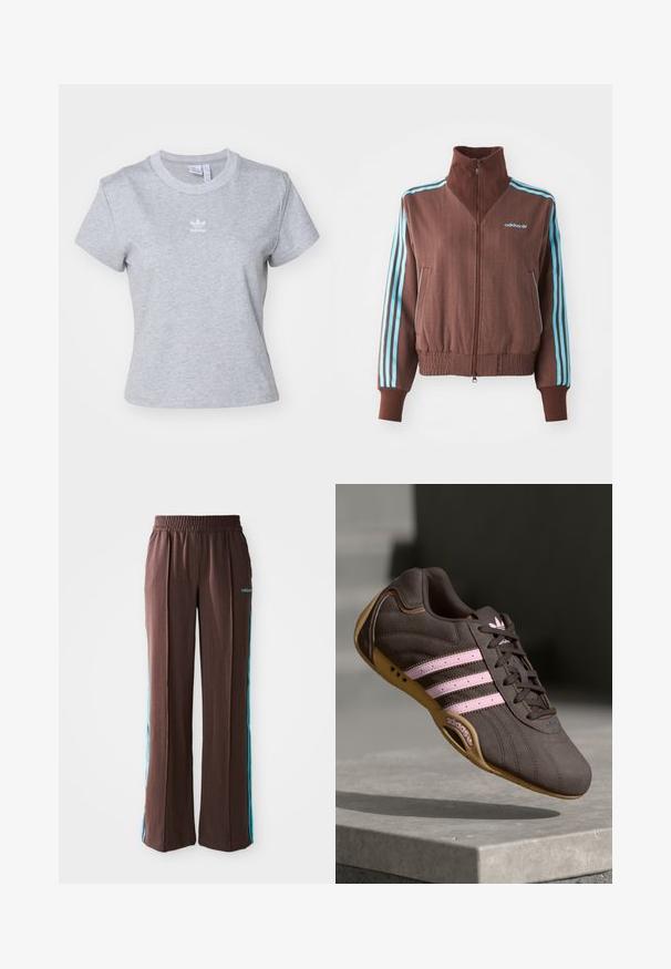 Hnědá zipová bunda s ribovanou strukturou, s tyrkysovými třemi pruhy na ramenech a rukávech a vyšitým logem.; adidas Originals ESS SLIM - Jednoduché tričko - medium grey heather; Hnědé sportovní kalhoty s jemnými pruhy, elastickým pasem a tyrkysovými bočními pruhy. Na přední straně se nachází logo adidas.; Hnědé semišové sportovní boty s růžovými pruhy a logem, s texturovaným svrškem, šněrováním a gumovou podrážkou.