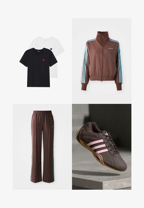 Bruine zip-up jas met een geribbelde textuur, voorzien van turquoise drie-strepen accenten op de schouders en mouwen, en een geborduurd logo.; Even&Odd 2 PACK - T-shirt print - white/black; Bruine sportbroek met een ribbelstructuur, elastische tailleband en turquoise zijstrepen. Voorzien van het adidas-logo aan de voorkant.; Bruine suède sport schoen met roze strepen en logo, voorzien van een gestructureerde bovenkant, vetersluiting en een gumrubberen zool.