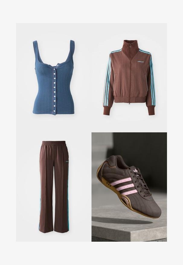Brązowa kurtka zapinana na zamek z ryflowaną teksturą, z turkusowymi trójpaskowymi akcentami na ramionach i rękawach oraz haftowanym logo.; Free People - Top; Brązowe spodnie sportowe o ribbowanej fakturze, z elastycznym pasem i turkusowymi paskami po bokach. Posiadają logo adidas z przodu.; Brązowy zamszowy but sportowy z różowymi paskami i logo, z teksturowaną cholewką, sznurowaniem i gumową podeszwą.