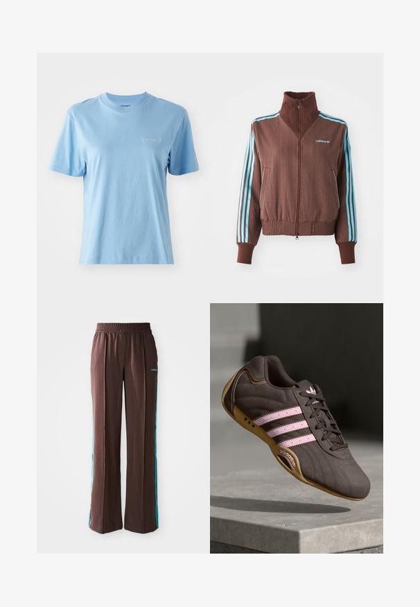 Chaqueta marrón con cremallera y textura acanalada, que presenta acentos de tres rayas turquesa en los hombros y las mangas, y un logotipo bordado.; Camiseta de manga corta y cuello redondo, hecha de suave algodón en color azul claro, que presenta un pequeño logo blanco de Carhartt en el pecho. Textura lisa.; Pantalones deportivos marrones con textura acanalada, cinturilla elástica y rayas laterales turquesas. Presenta el logo de adidas en la parte frontal.; Zapatilla deportiva de ante marrón con rayas y logotipo en rosa, con parte superior texturizada, cierre de cordones y suela de goma.