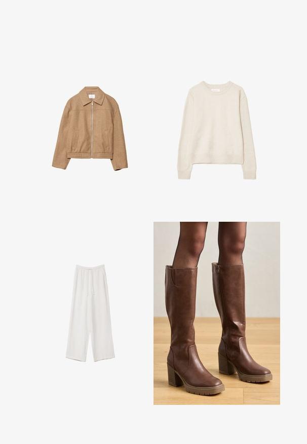 Brown, collared jacket with a zip front, elastic waist, and side pockets. Made from textured fabric, featuring a relaxed fit and minimal design.; Beige long-sleeve crewneck sweater with ribbed cuffs and hem, made of soft knit fabric, displayed against a white background.; White wide-leg trousers made from a lightweight fabric. Features an elastic waistband with a drawstring and side pockets. Smooth texture.; Anna Field Platform boots - cognac