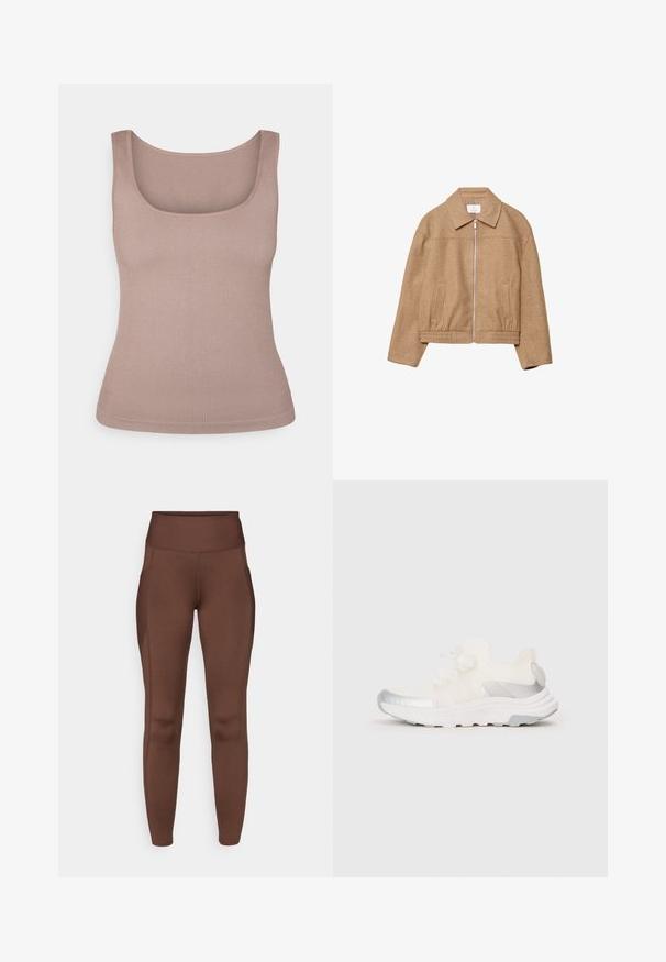 Bruine jas met kraag, ritssluiting aan de voorkant, elastische taille en zijzakken. Gemaakt van textuurstof, met een relaxed fit en een minimaal ontwerp.; Geribbelde tanktop in zacht beige, met een vierkante halslijn en mouwloos ontwerp. Het materiaal heeft een gladde textuur met een aansluitende pasvorm.; Bruine rekbare legging met een hoge tailleband, voorzien van zijzakken en een gladde textuur. Een naaddetail accentueert de vorm.; Witte sportieve sneaker met een textuur bovenkant, metallic zilveren accenten aan de zijkanten en op de neus, en een gevoerde zool. Veters geknoopt in een strik.