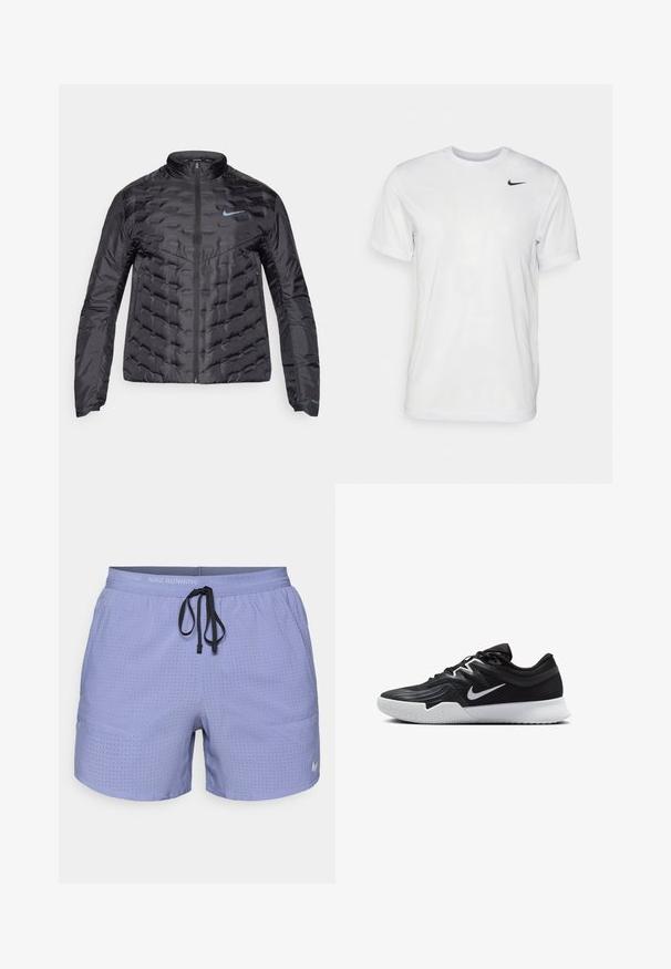 Paks musta jakk, millel on eesnepp, seisva kraega ja sinine logo rinnal. Sile, läikiv kangas koos kätketud tekstuuriga ja küljetaskutega.; Valge lühikeste varrukatega t-särk, mis on valmistatud siledast kangast. Omab ümmargust kaelust ja väikest musta Nike logo vasakul rinnal.; Lillasest Nike jooksupüksid perforatsiooni disainiga, elastse vöökoha, reguleeritava musta nööriga ja väikese valge logoga küljel.; Must mustad jalanikesad rikaste ülaservaga, valge Nike swoosh'i ja valge kummist välispõhjaga. Omab paeltega sulgemisdetaili ja dünaamilist kuju.