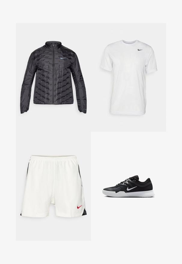 Nafouknutá černá bunda se zipem vpředu, stojáčkem a modrým logem na hrudi. Hladký, lesklý materiál s prošívanou texturou a bočními kapsami.; Bílé tričko s krátkým rukávem vyrobené z hladkého materiálu. Má kulatý výstřih a malé černé logo Nike na levé straně hrudi.; Bílé sportovní šortky s černými bočními akcenty, elastickým pasem a červeným logem Nike na dolní části vpředu. Hladká, lehká tkanina.; Černá atletická bota s texturovaným svrškem, bílým logem Nike a bílou gumovou podrážkou. Disponuje šněrovacím designem a dynamickým tvarem.